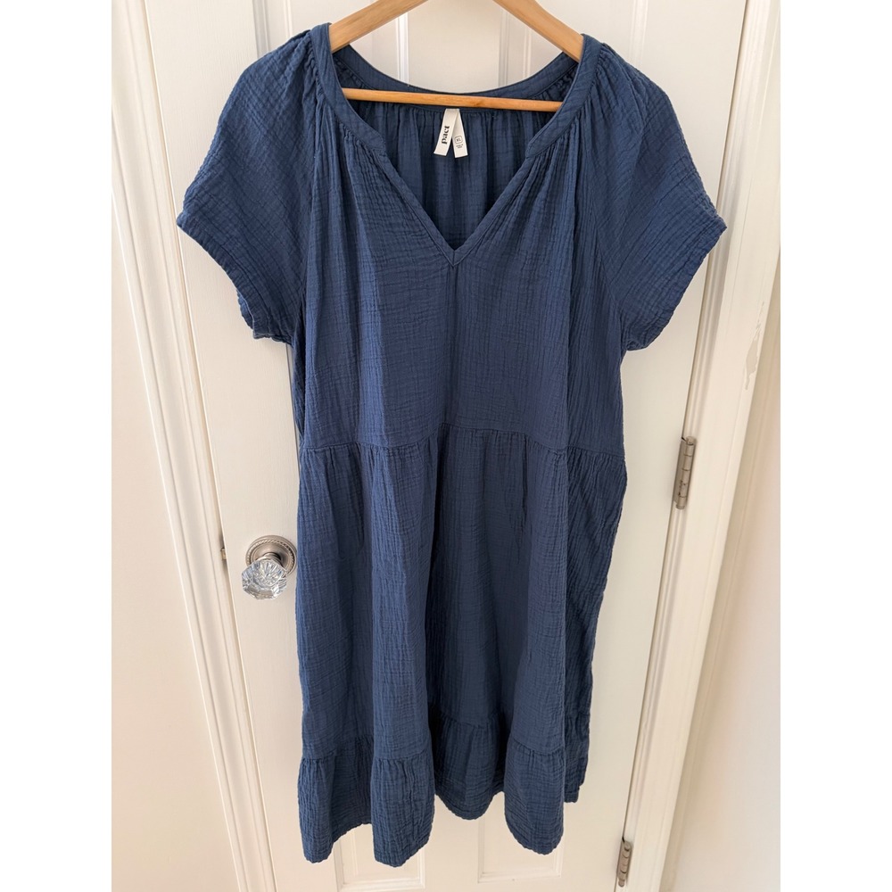 Pact Coastal Double Gauze Tiered Dress Navy Blue XL Organic Cotton Relaxed NWOT